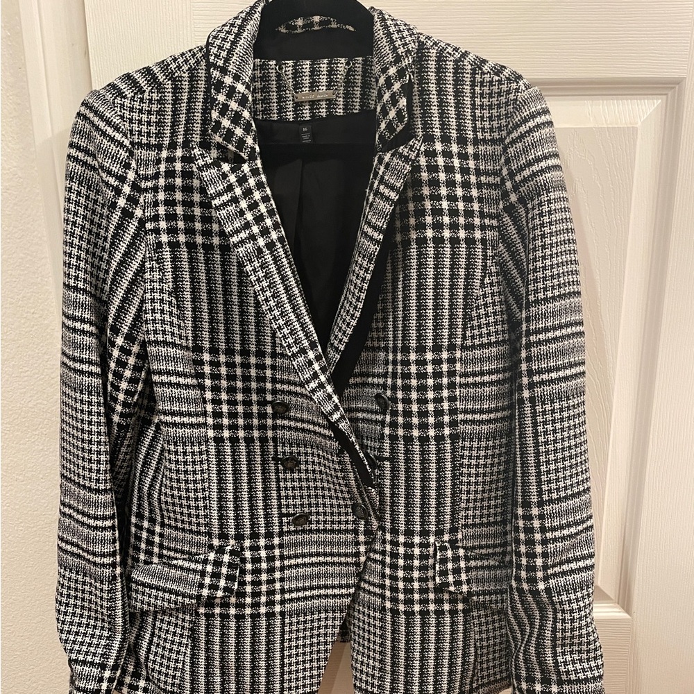 White Black WHBM Houndstooth -Breasted Plaid Blazer Sz.16 2 Outer Pockets